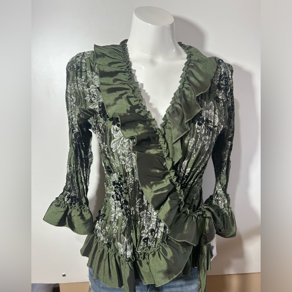 NWT PIANO GREEN FLORAL TOP BLOUSE WRINKLED TAFFETA FAIRY GOTH RENAISSANCE SIZE M - Picture 13 of 14